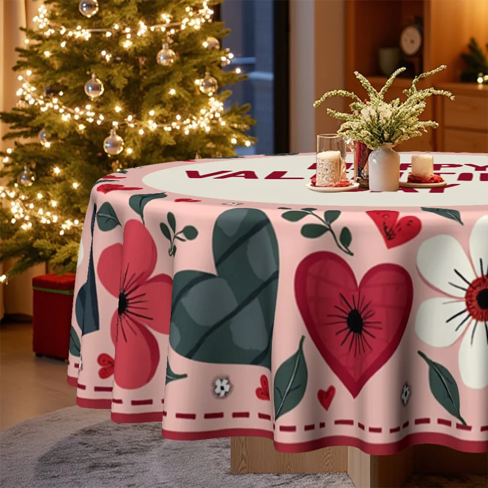 1 piece, round tablecloth, specially designed for Christmas and Valentine's Day, with floral and loving patterns