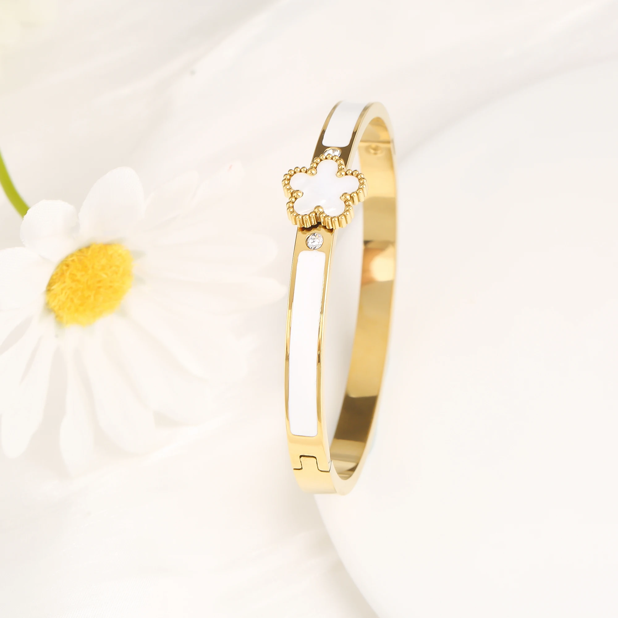 Luxury Five Leaf Flower Open Bangle, Classic Enamel Design