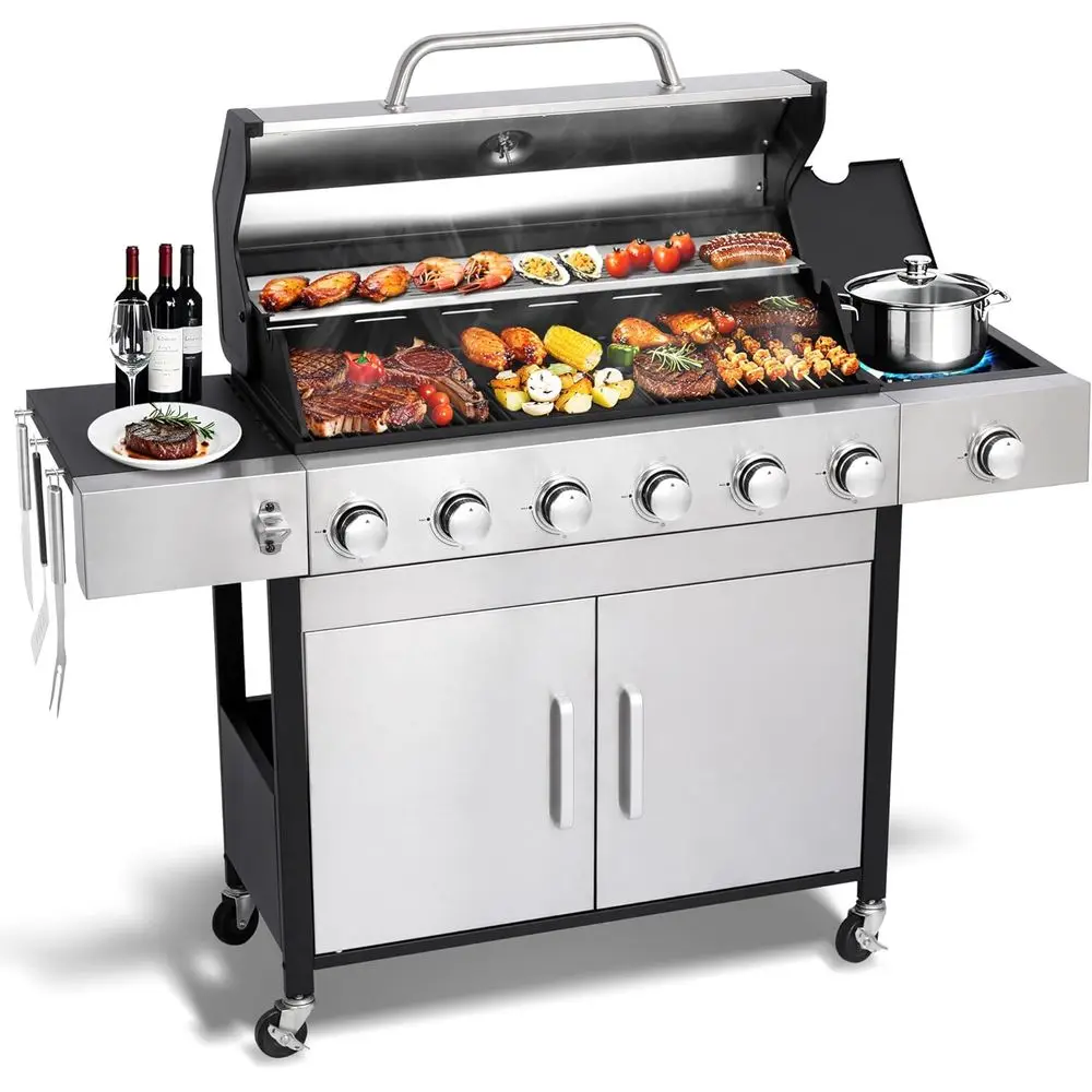 

Stainless Steel 6-Burner Propane BBQ Grill with Side Burner, 65850 BTU, 620 SQ. IN. Cooking Space for Outdoor Barbecues