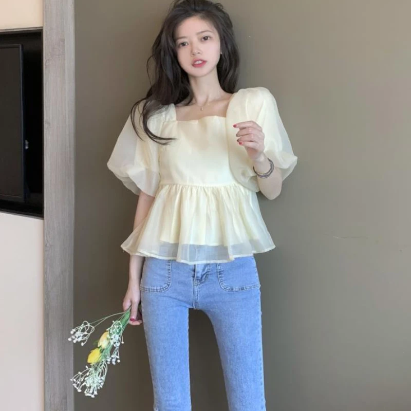 Blouses Women Puff Sleeve Lovely Folds Design Solid Simple New Korean Style Ladies Sweet All-match Trendy Summer Daily Ins Fit