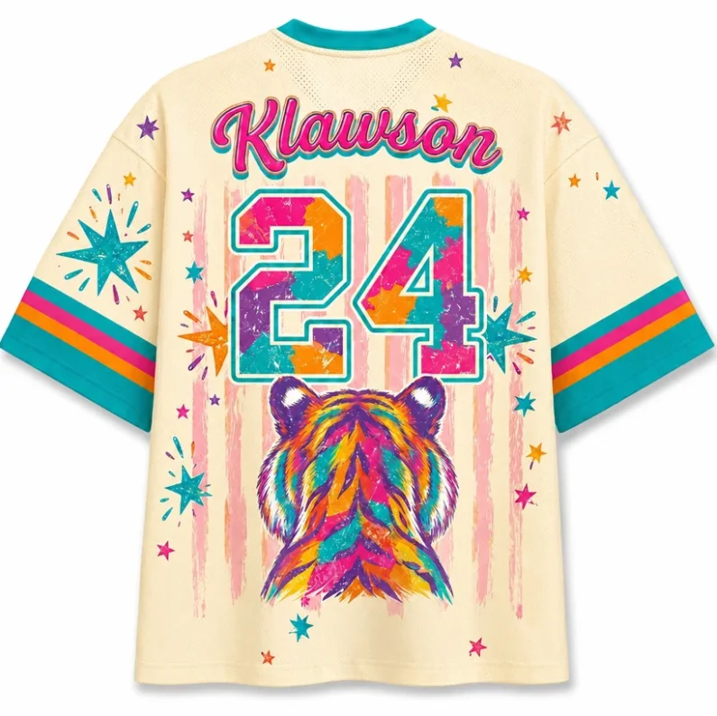 Tiger Klawson 24 Jersey T-shirt 3D Full Color Tiger Head Star Sunglasses Pattern V-neck Short Sleeved Retro Sports Casual Top