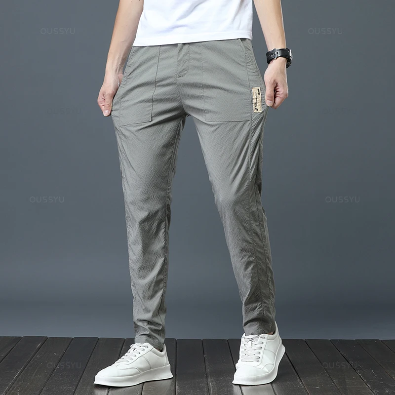 Summer Ultrathin Breathe Striped Pleats Casual Pants Men Stretch Slim Elastic Waist Business Classic Male Gray Green Trousers