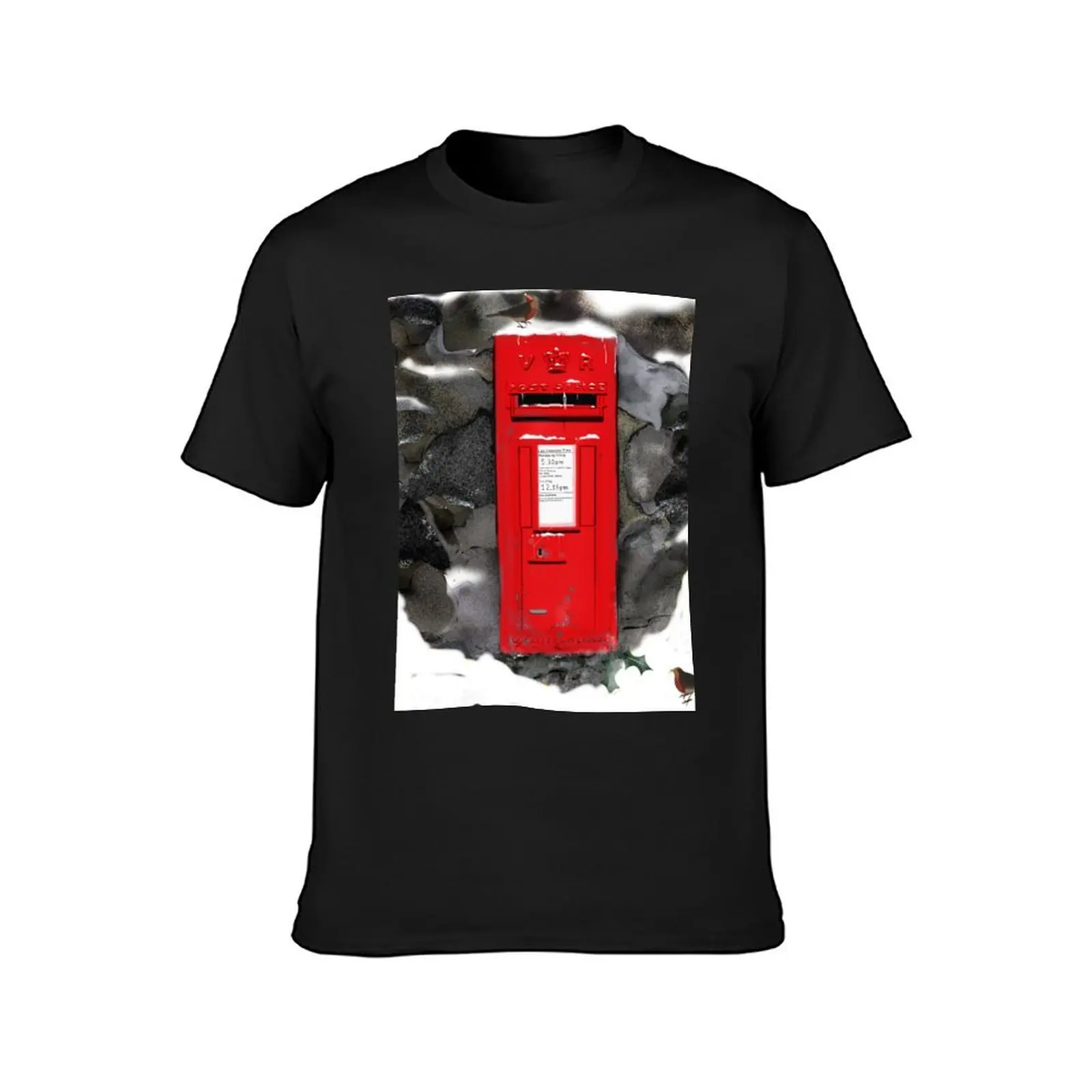 Red Royal Mail POST BOX. Christmas/ Winter Illustration. Robins. T-Shirt oversized aesthetic clothes cute tops Men's clothing