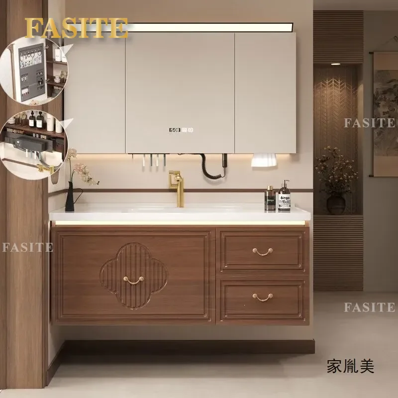 New Chinese Style Medieval Bathroom Vanity Cabinet with Ceramic Integrated Basin Smart Washbasin Unit Modern Sink Combo for