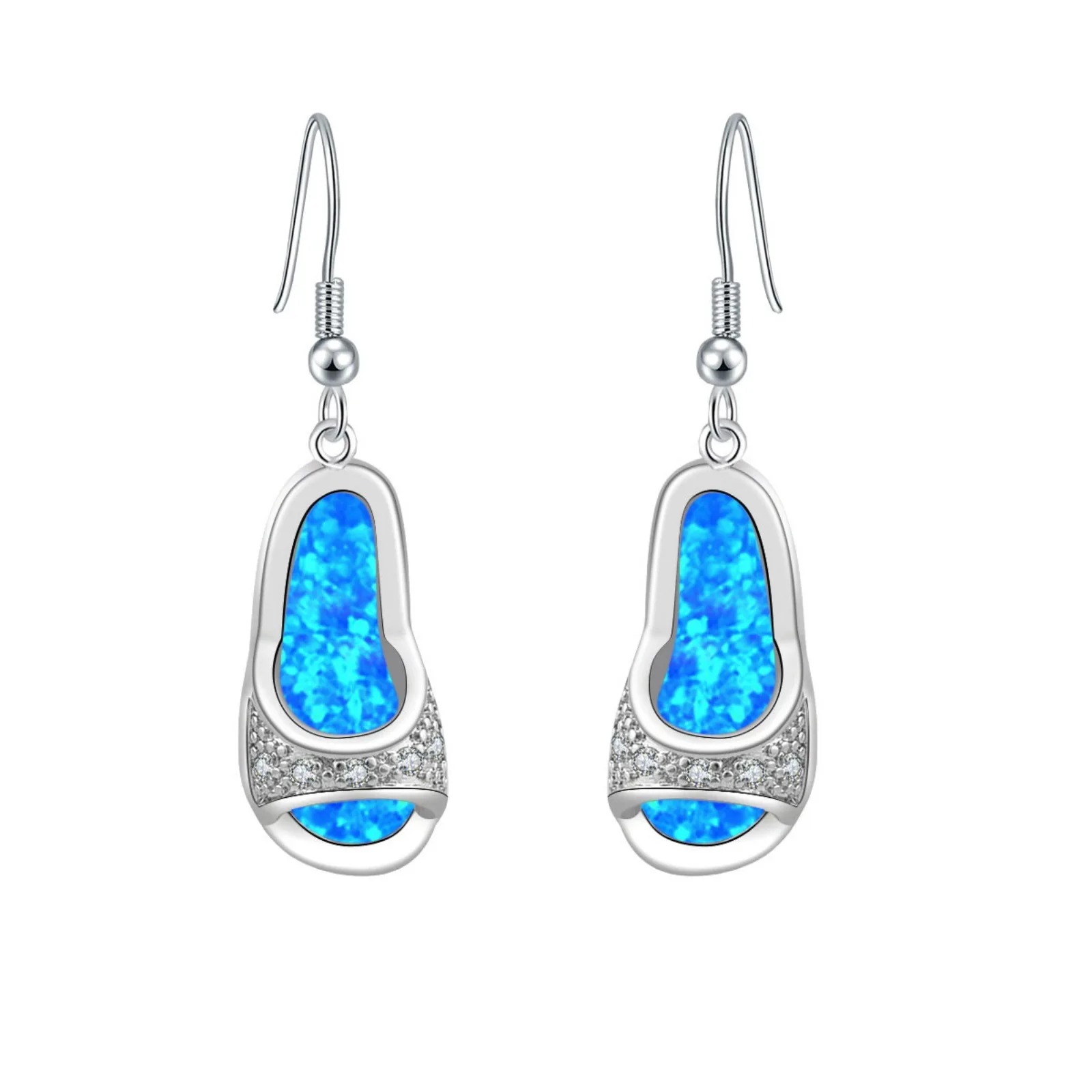 Pendientes de zapato plano de ópalo azul para mujer, pendientes estilo bohemio chapados en K blanco con acento de circón, regalo de joyería de moda química