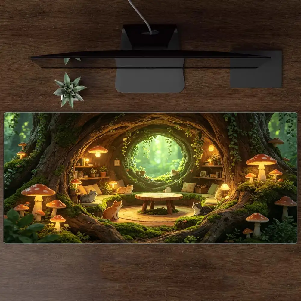 Fantasy Tree Hollow Cat Nest Large Mouse Pad Glowing Mushroom Moss Forest Cozy Cabin Style Desk Mat Gaming Bedroom Desktop Decor