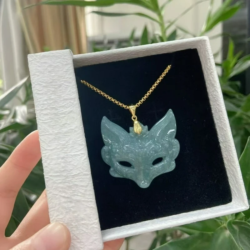 

S925 Silver Inlaid Natural Jadeite Blue Water Fox Necklace Jade Pendant Fashion Personalized Jewelry Men Women Gift