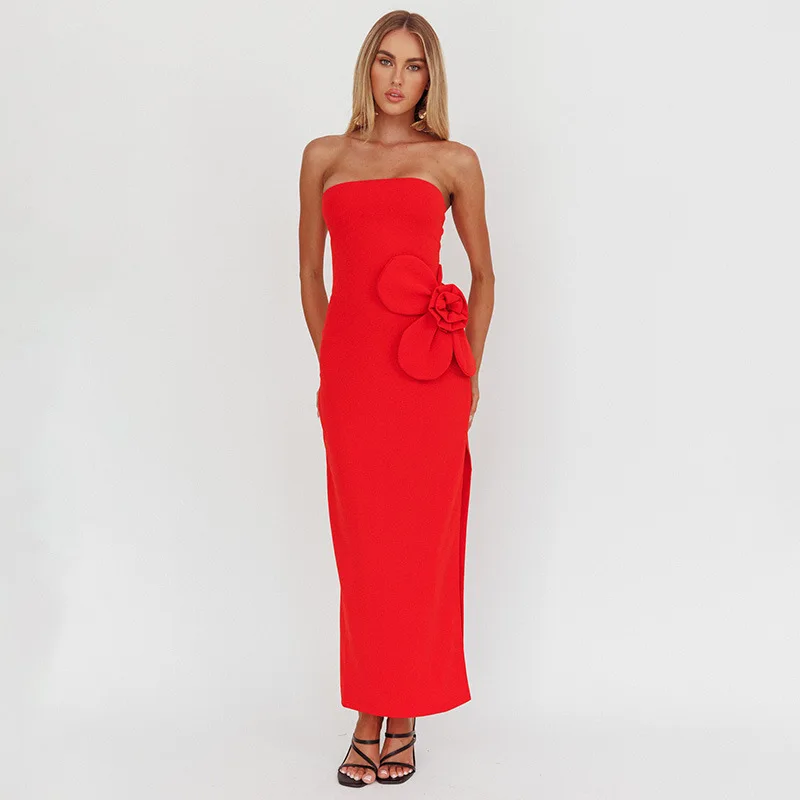 Woman Dress High-end With Chest Pads Green Dress Waist Three-dimensional Flower Design Beach Dress Elegant Evening Dress