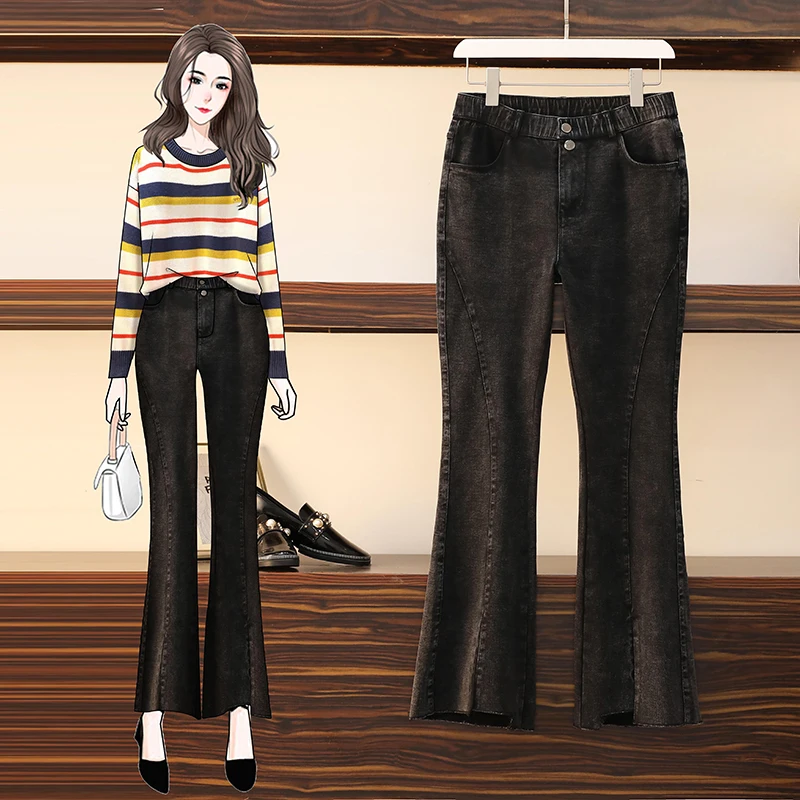 plus Size Loose Fitting Slimming High Waist Bell Bottom Jeans for Women Fashionable Anti-Aging Autumn New Arrival