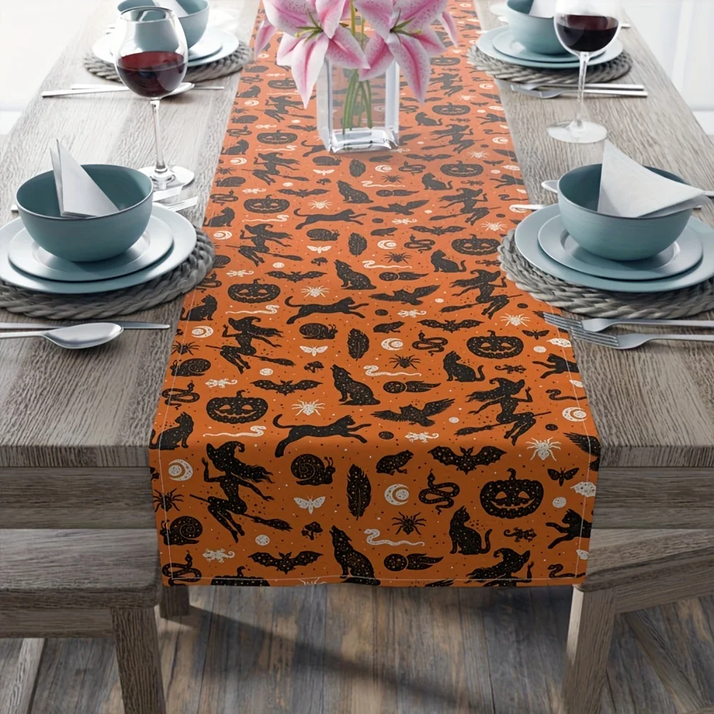 Halloween Pumpkin Witch Table Runner - 1Pc Linen Print, Perfect For Home & Outdoor Parties, Kitchen Decor