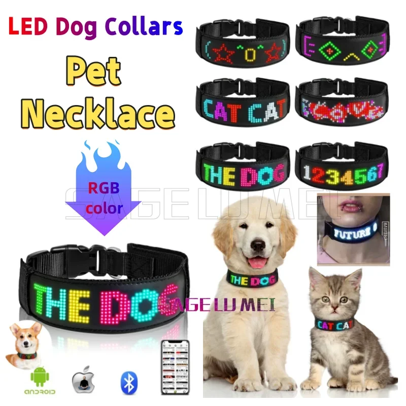 

New RGB Pet LED Dog Collars USB Rechargeable Multilingual Flashing Light Up Screen Dog Collar Safe Luminous Necklace Adjustable