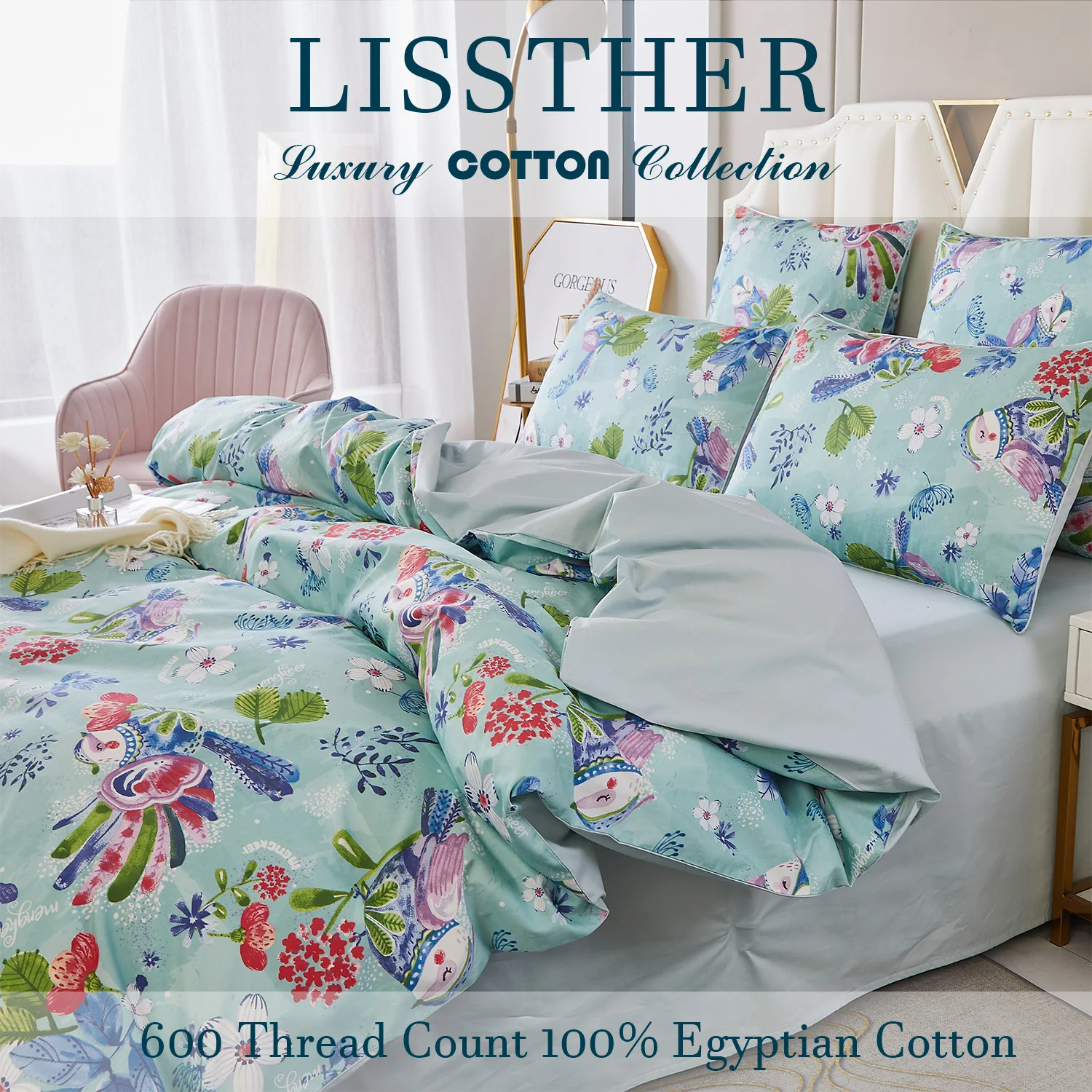 3pcs  600 TC 100% Egyptian Cotton Duvet Cover Set (Without Core), Garden Flower Bird Print Shabby Chic, Soft And Skin-friendly