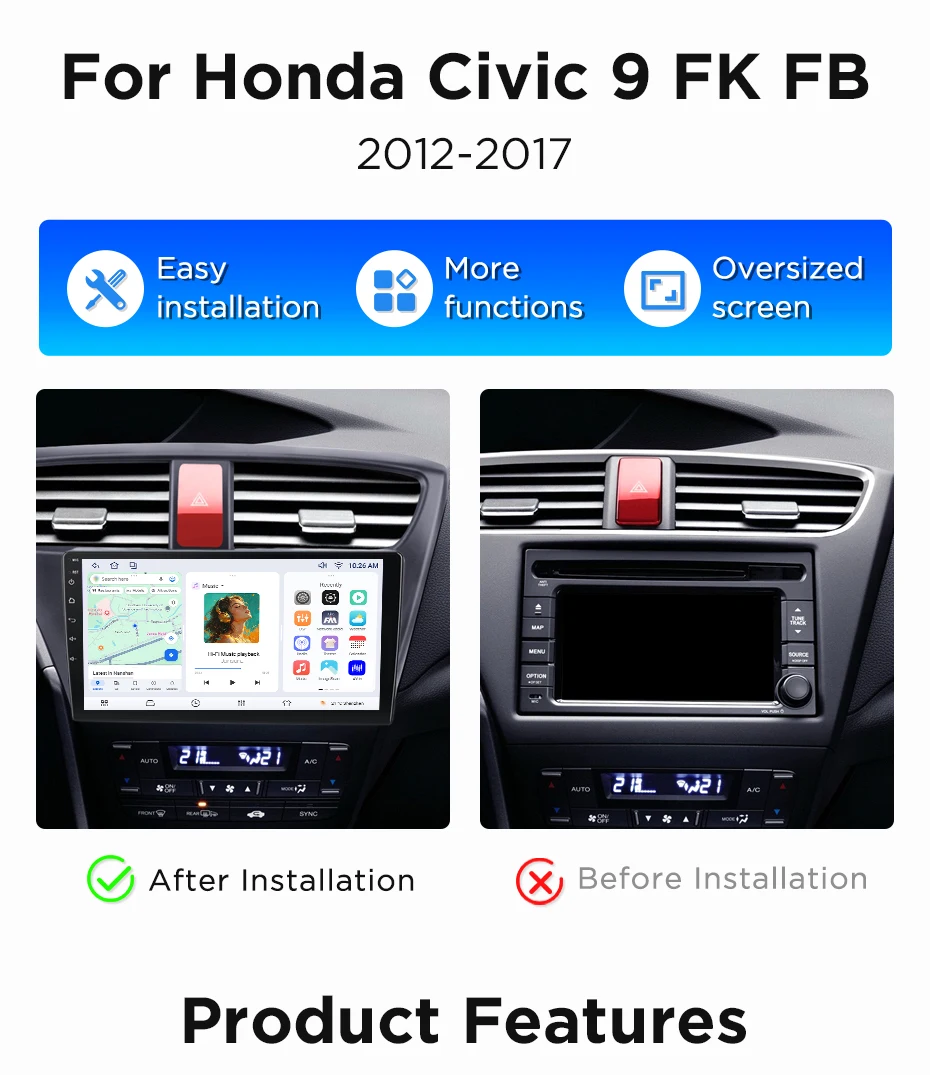 Junsun Wireless CarPlay Android Auto Autoradio für Honda Civic 9 FK FB 2012-2017 Auto-Intelligentes System DSP SWC RDS GPS FM BT – Detail 6