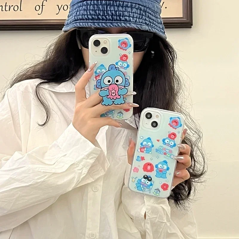 Cute Cartoon Sanrio Hangyodon Phone Case For iPhone 15 Pro 14 13 12 11 Pro Max Shockproof Hard IMD Back Cover With holder