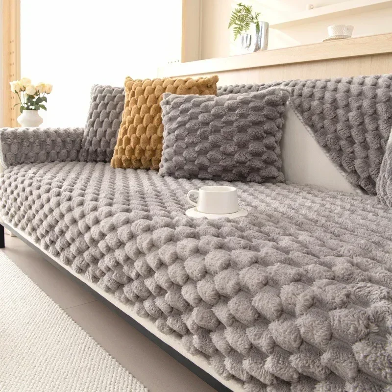 

New Rabbit Plush Sofa Cushion Winter Style Anti-skid Thickened Sofa Cover Simple Modern Winter Light Luxury Style Cushion Cover