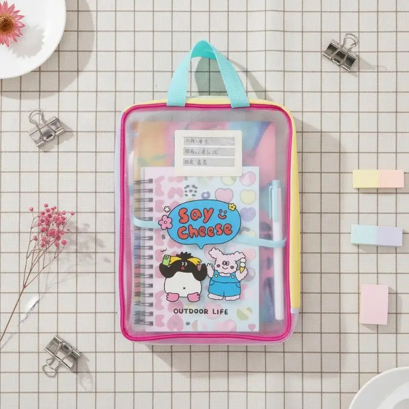 Large Capacity Transparent File Bag Cute Colorful Document Handbag Waterproof Portable Folder for Student School Business Trave