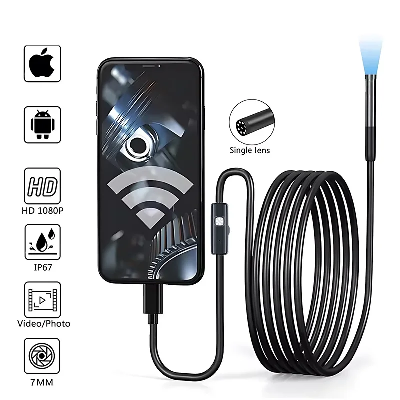 

Эндоскопическая камера USB Type-C с гибким кабелем 7.0/5.5 мм, мини-камера для инспекции труб, USB-C эндоскоп для телефонов iOS и Android