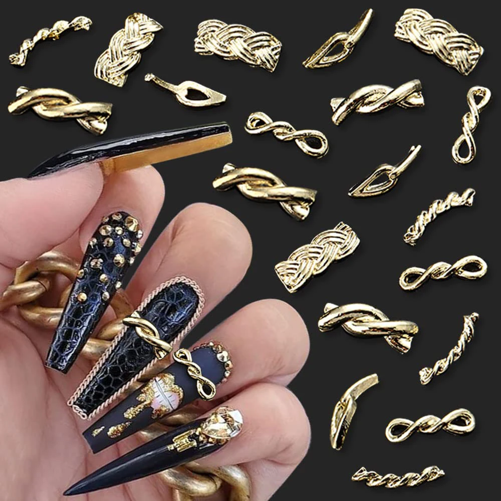 20Pcs Golden Silver Twist Metal Nail Art Charms 3D Woven Knot Hollow Out Curved Alloy Nail Decorations Punk DIY Nail Accesories