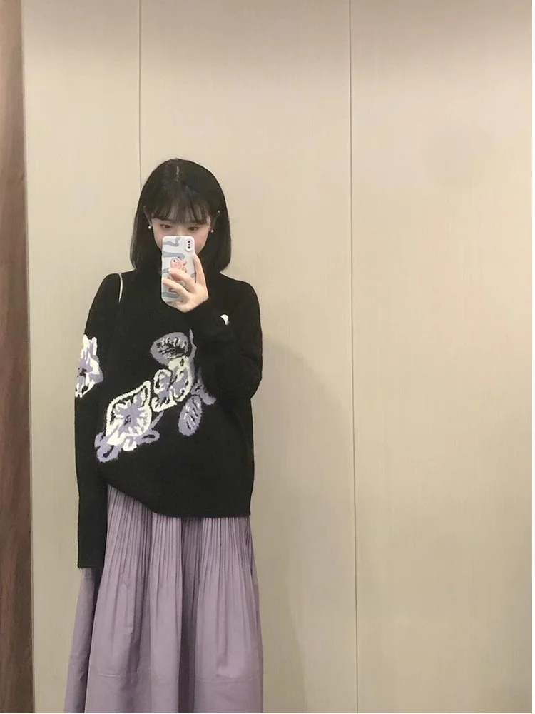 

Soft Cozy round Ne Pullover Sweater Women's Loose Lazy Sle High-End Feeling Floral Knitted Top Spring Outerwear