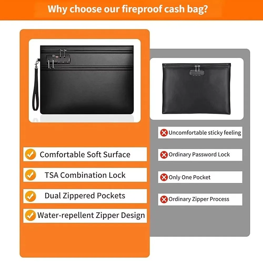 Lockable Fireproof Document Bag Heat-resistant Waterproof Dual-Zip Cash Pouch Portable Dustproof Important File Storage Bag