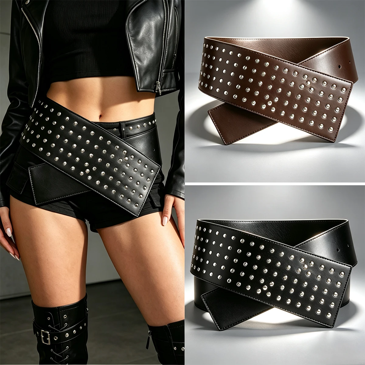Europe And The Us Punk Heavy Industrial Rivets 125cm Long Belt Personalized Dress Pu Leather Wide Waistband Spice Girls Belt