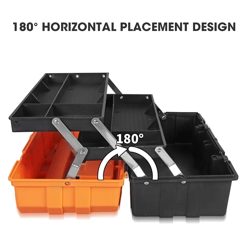 17-Inch Plastic Tool Box,3-Tiers Multi-Function Storage Portable Toolbox Organizer, Black/Orange Atrjh-3430T