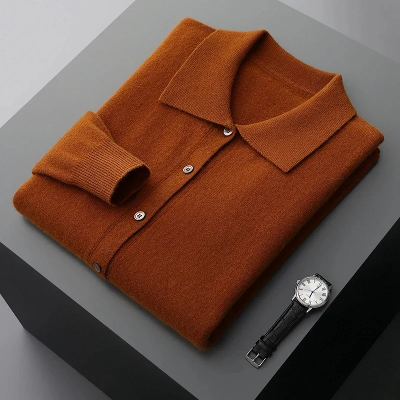 2024 New 100% Merino Wool Cashmere Sweater Men\'s POLO Collar Casual Knit Cardigan Fashion Warm Jake Autumn Winter