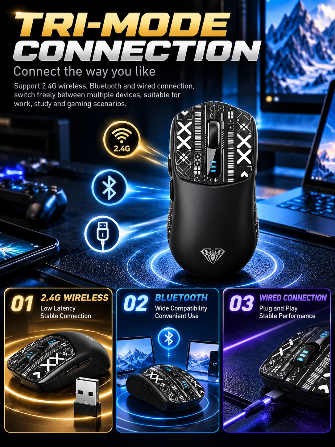 AULA SC580 Wireless Gaming Mouse PAW3311 12000DPI Tri Mode 2.4G Bluetooth 5.0 USB-C 1000Hz Ergonomic Mouse