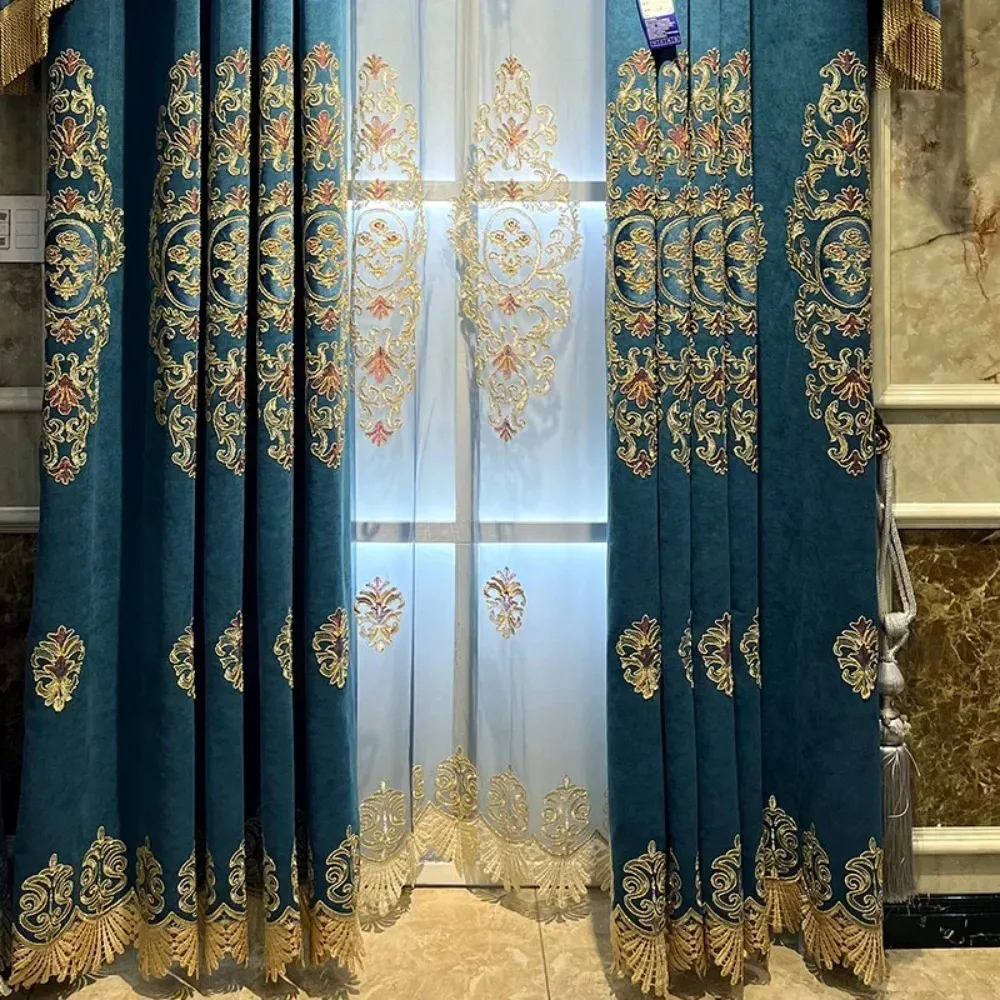 Blue Water Soluble Embroidery Window Screen Chenille French Window Balcony Window Customized Curtains For Living Room Bedroom