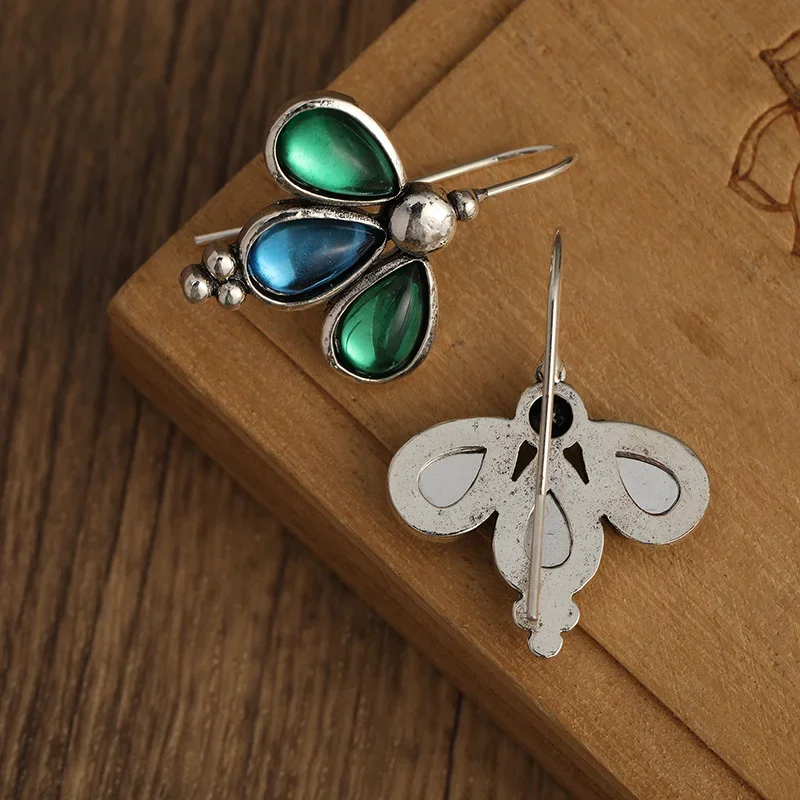 Vinatge Exquisite Inlaid Green Blue Stone Waterdrop Hook Earrings for Women\'s Fashion Elegant Banquet Jewelry Accessories Crafts