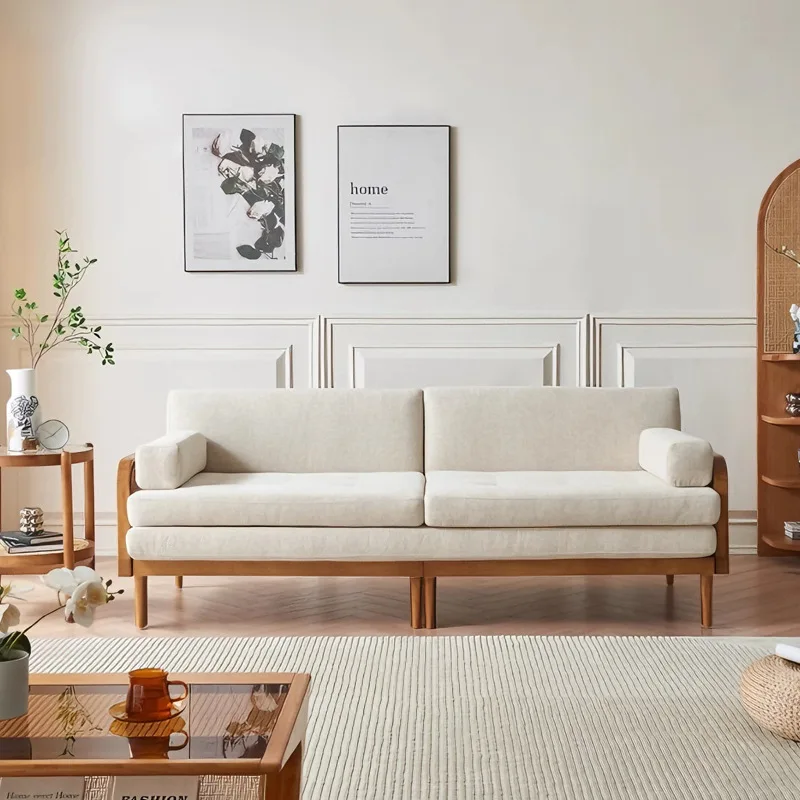 Nordic solid wood sofa small apartment living room three-person multi-functional rattan sofa bed simple dual-purpose
