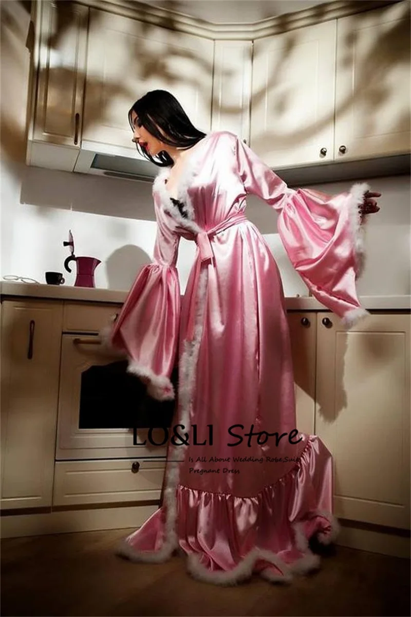 Fur Robe For Women White Silk Bathrobe with Belt Custom Made Wedding Robe Bride Morning Robe Women Pajamas Elegant Bridal Robe