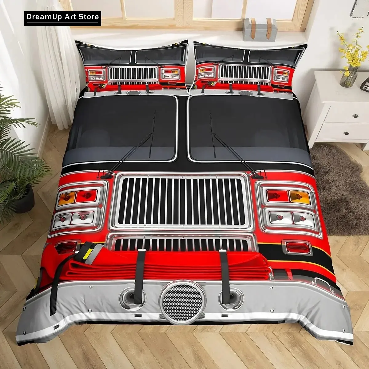 3D Print Firefighter Truck Red Firemen Car Bedding Set Boys Girls Twin Queen Full Size Duvet Cover Pillowcase Bed Adult Bedroom