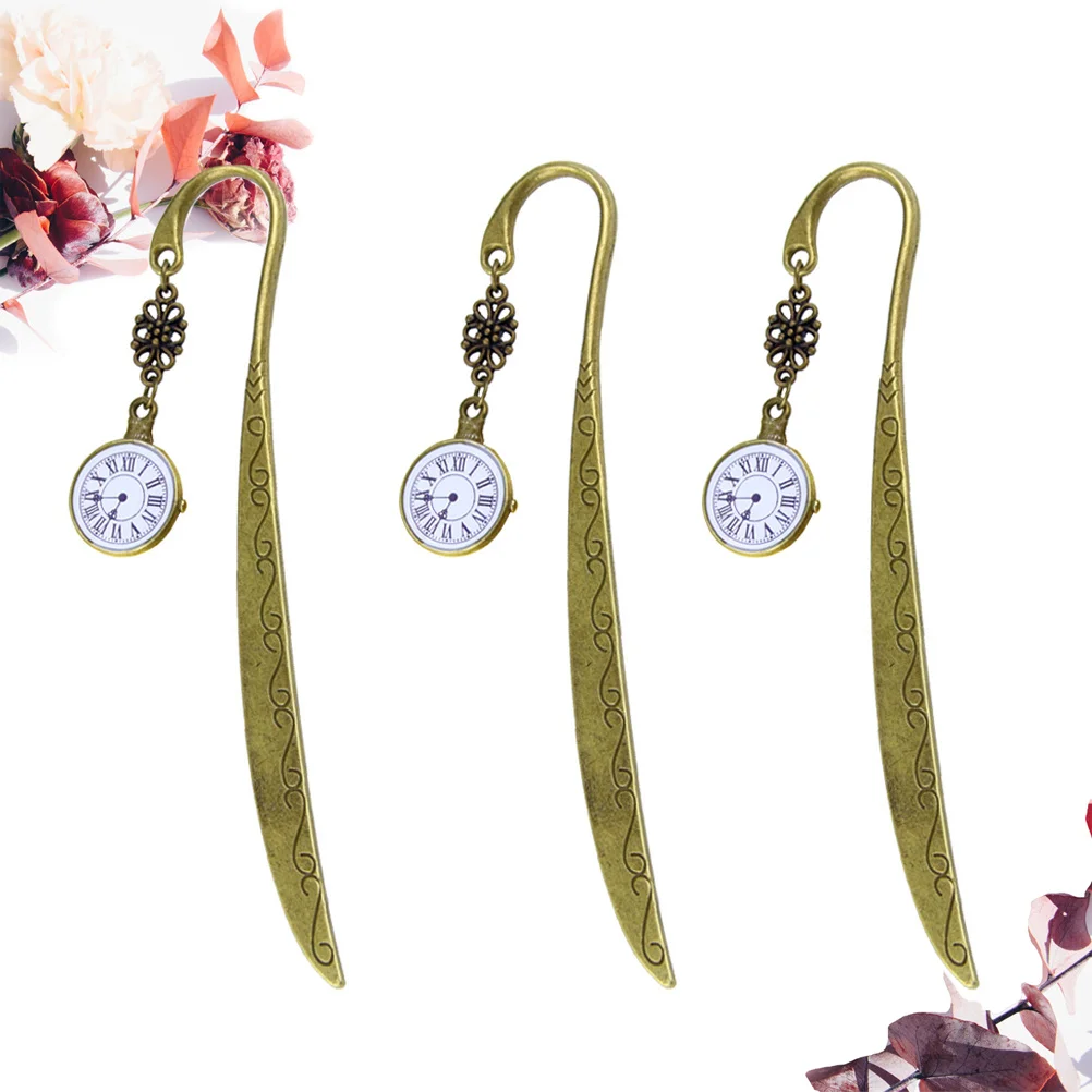 

3Pcs Metal Vintage Bookmark Clock Design Creative Office School Supplies Unique Gift for Readers Writers and Students Golden