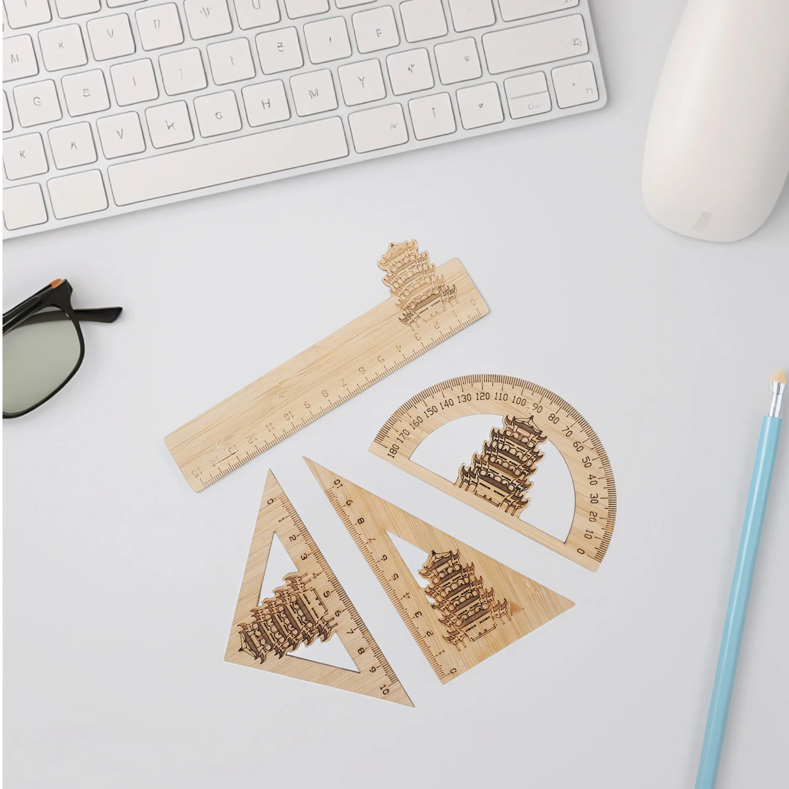 4Pcs Bamboo Ruler Set Chinese Yellow Crane Tower Design Geometry Tools Multi-Purpose Measuring Stationery for School Office