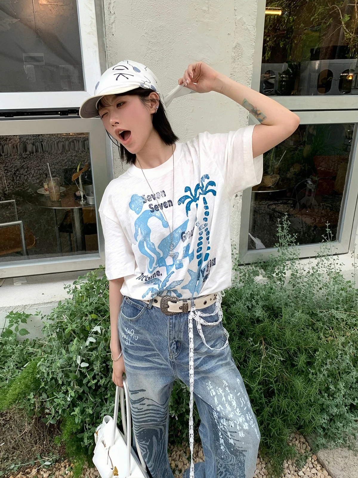 Sakura Surfing Totem Bamboo Cotton Distressed round Neck Short Sleeve T-shirt Summer Loose Casual Women's Top