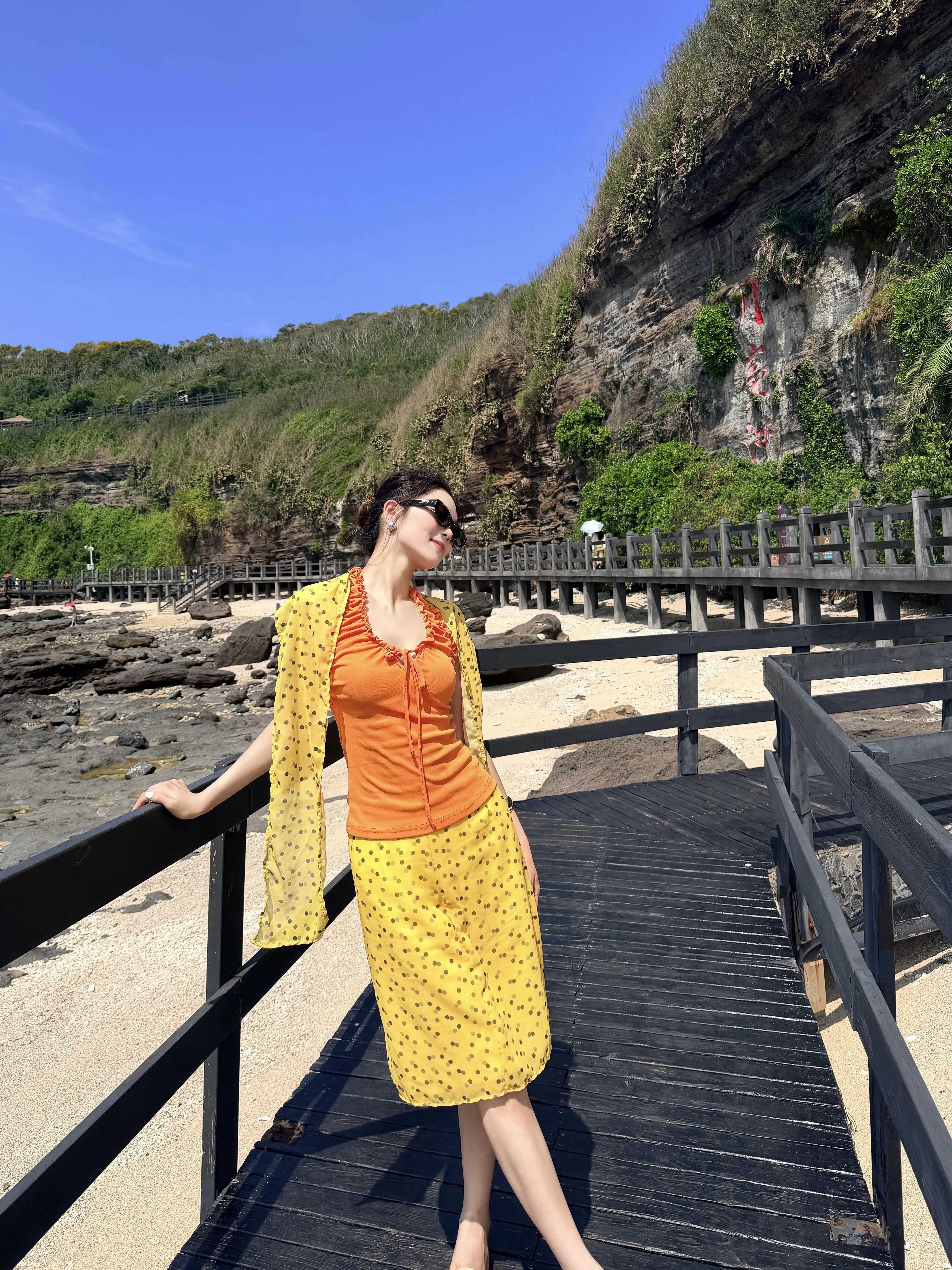 American Style Yellow Chiffon Polka Dot Half Skirt Women's Summer New Hip Covering A-Line Skirt City Commuting Casual Skirt