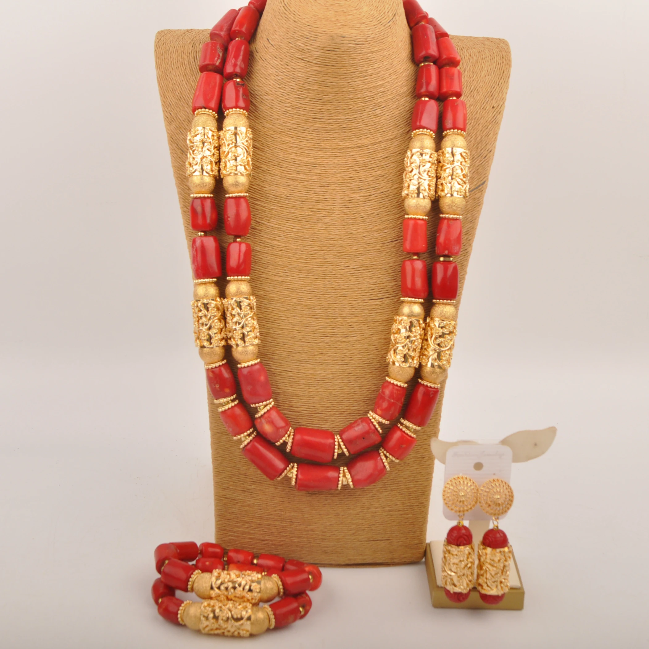 

28inches Coral Necklace Sets Nigerian Wedding African Beads Red Coral Jewelry Set for Women