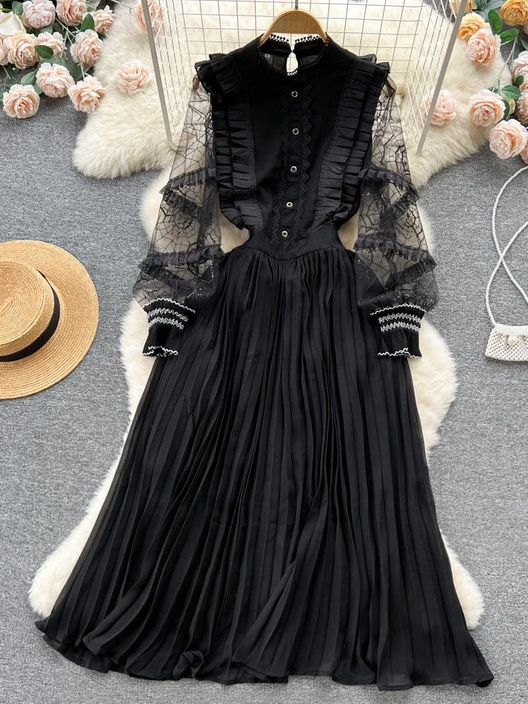 

New Vintage Casual Mesh Chiffon A-line Single Breasted Dress Spring/summer Solid Slim Stand Black Party Vacation Dress Vestidos