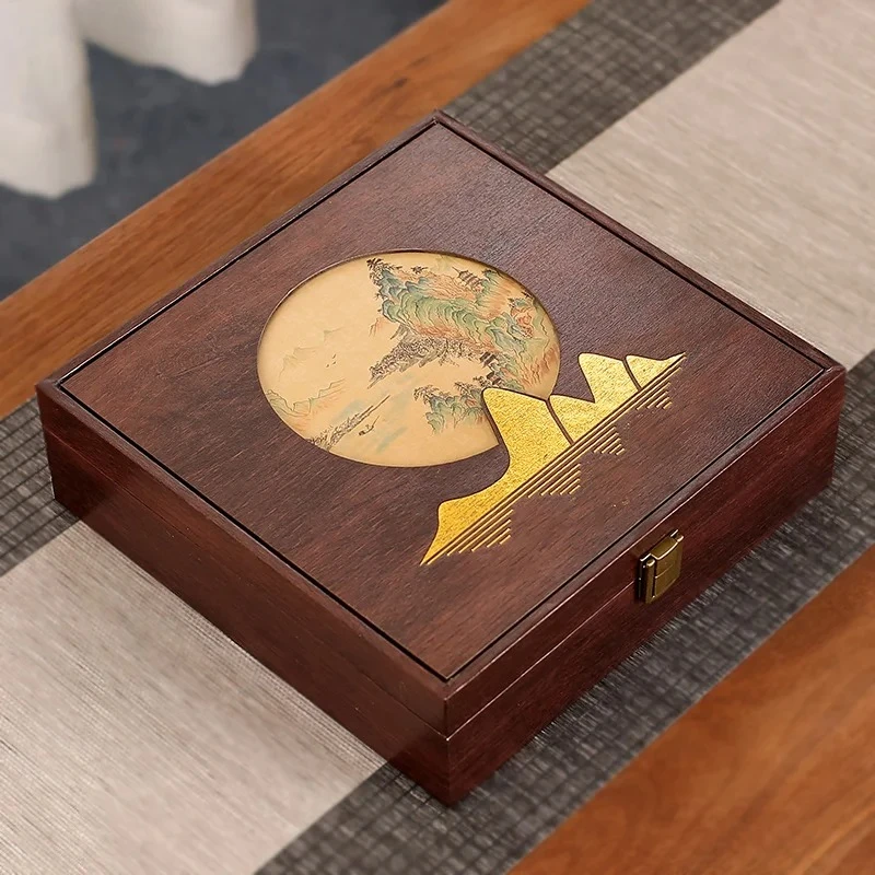 High-end Pu 'er Tea Cake Packaging Box Modern Simplicity Household Teaware Creative Light Luxury Retro Wooden Tea Cake Empty Box
