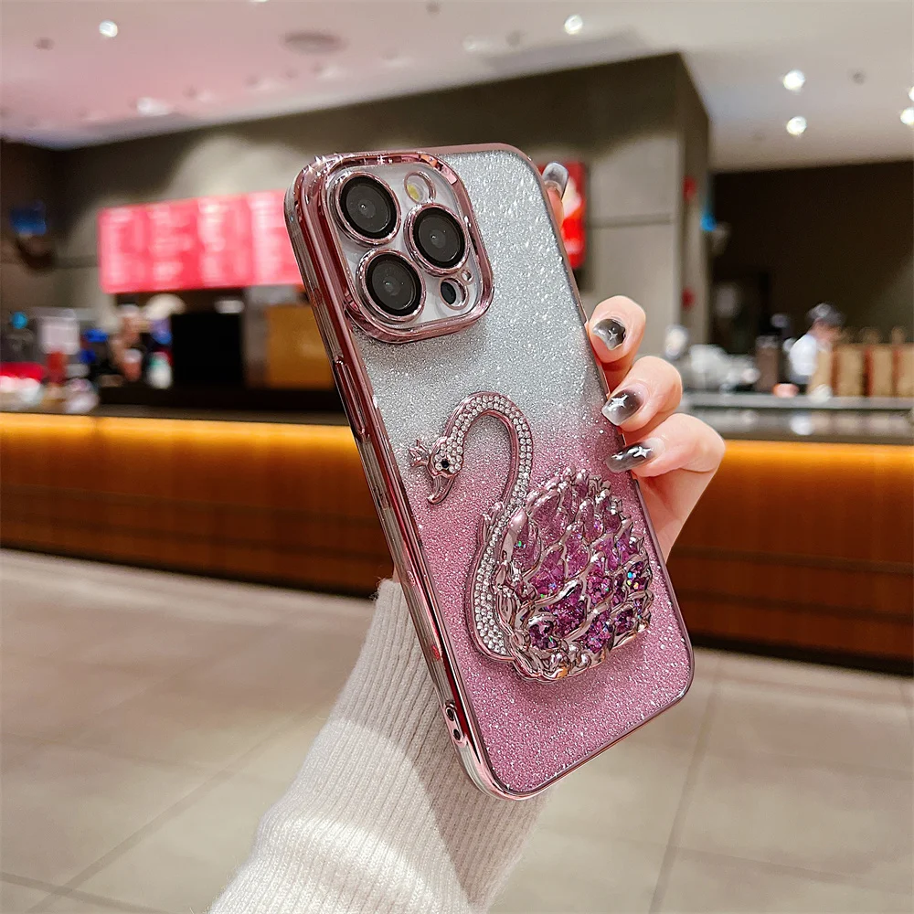 Luxury Swan Gradient Glitter Quicksand Cover For iPhone 15 Pro Max 14 Pro 13 12 11 Bling Diamond Plating Case With Lens Film