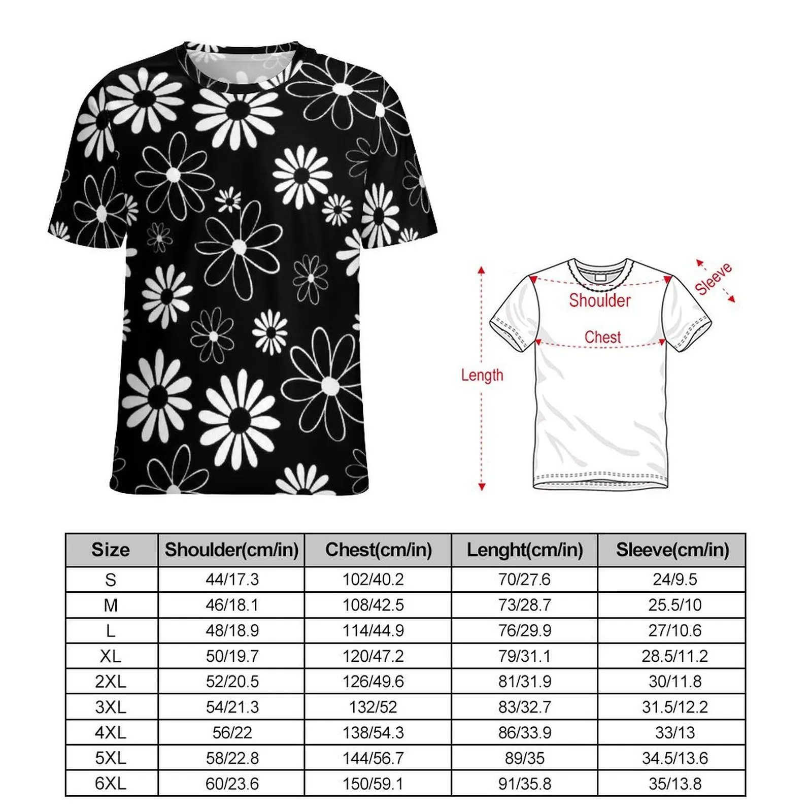 Big Size T Shirt Summer Outline Daisy Black Print T-Shirts  Streetwear Round Neck Tee Shirt Mens Trendy Graphic Clothing