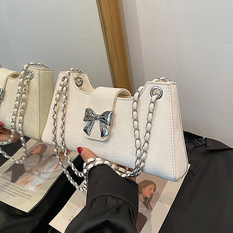 Korean Edition Bow Chains Messenger Bags for Women 2025 New Fashion Texture PU Leather Shoulder Bag Trend Retro Underarm Pack