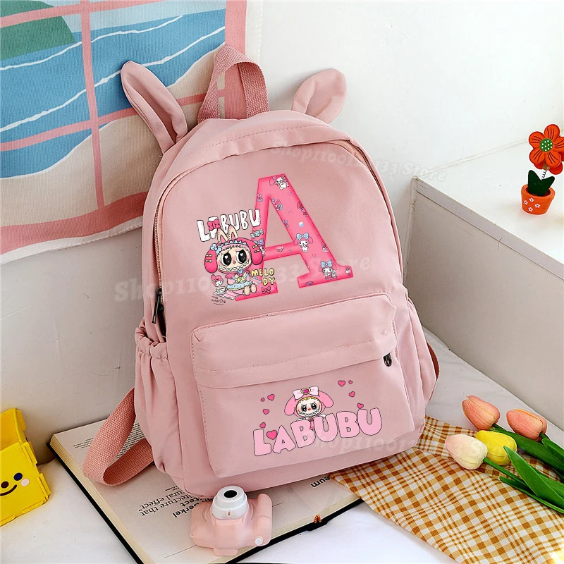 

Labubu Melody Girl Kids School Bag Letters A-Z Cute Anime Print Student Pen Book Storage Backpack Women Adult Kawaii Party Gift