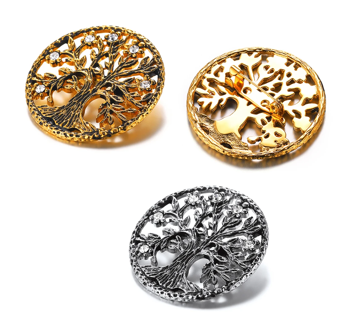 U7 Tree of Life Brooches Gold Color Stainless Steel Men/Women Lucky Jewelry Hollow Out Round Pins Vintage Style Broches