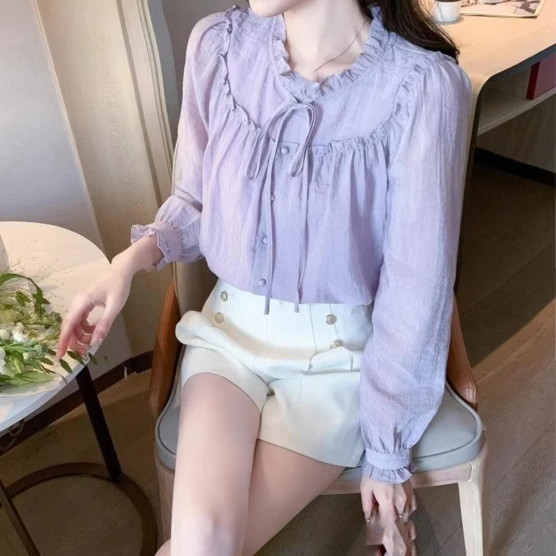 الأرجواني الإناث بلايز طويل القامة كامل كم طويل اليابانية Harajuku موضة بسيطة رخيصة أنيقة جميلة مع القوس قميص نسائي وبلوزة