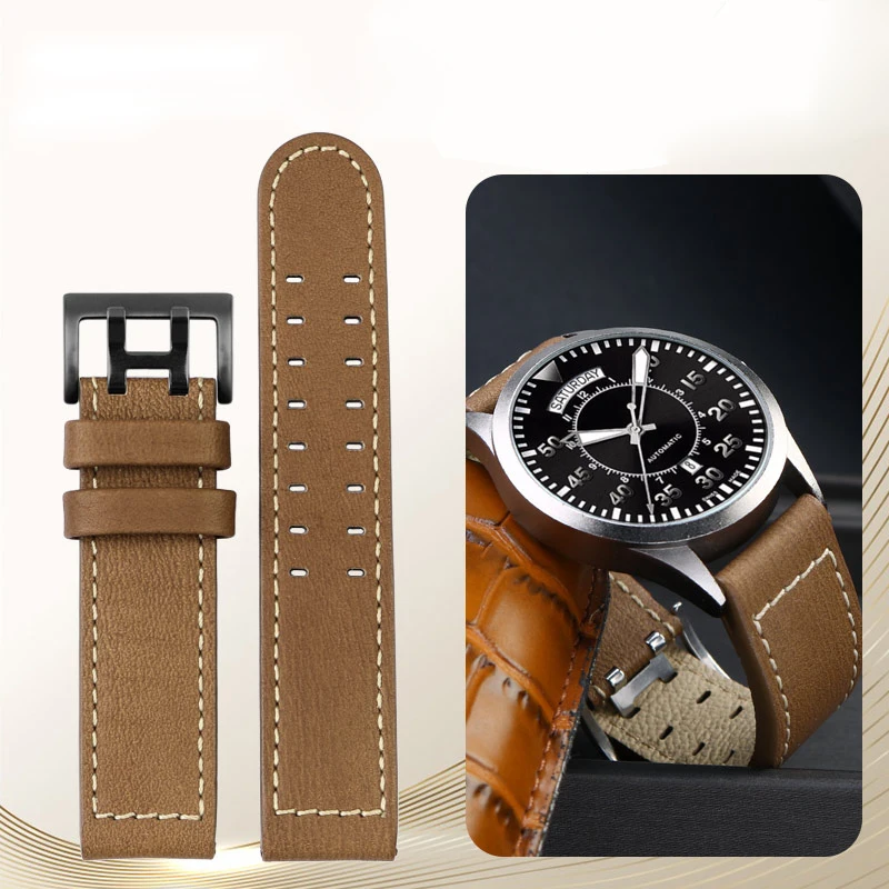 Military Style For Hamilton Khaki aviation Watch H77616533 H70615733 Watch Strap Genuine Leather jazz field Men WatchBand 22mm