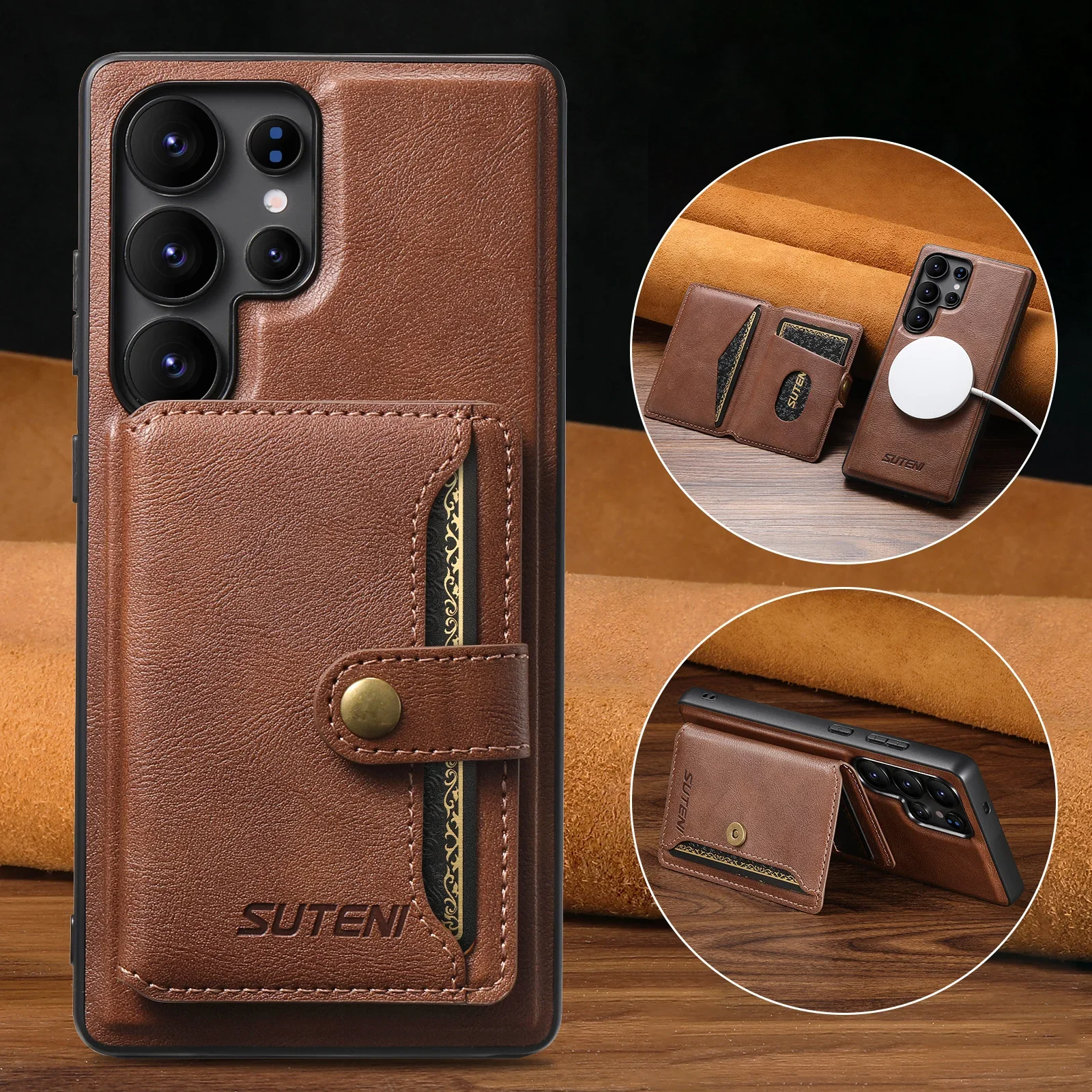 

Luxury Business Sle Bla Wireless Charging Leather Magnetic Buckle Phone Case for Samsung S25 S24 S23 S22 Ultra Card Holder Cover