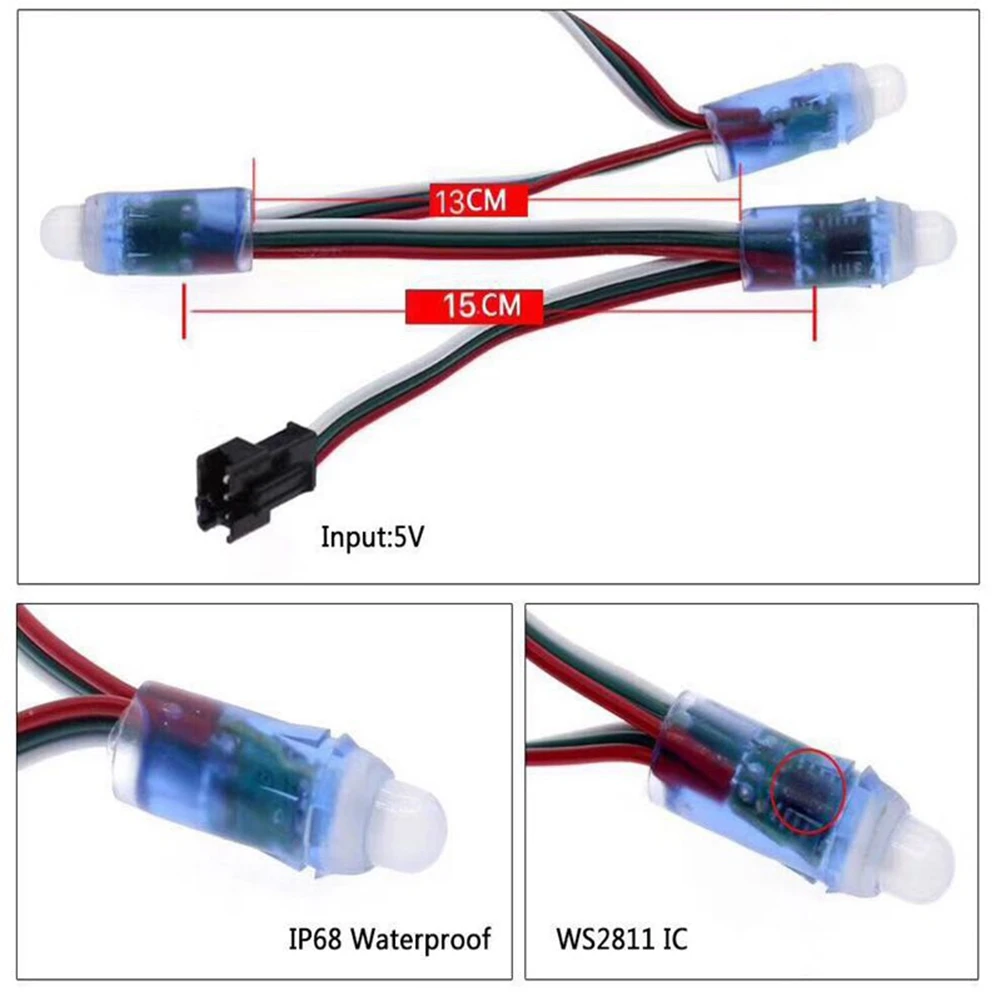 フルカラーLEDピクセルライトモジュール,防水IP68,RGBデジタルLEDストリング,ws2811,12mm, 15cmワイヤー,4m, 6.5m,dc5v,50個