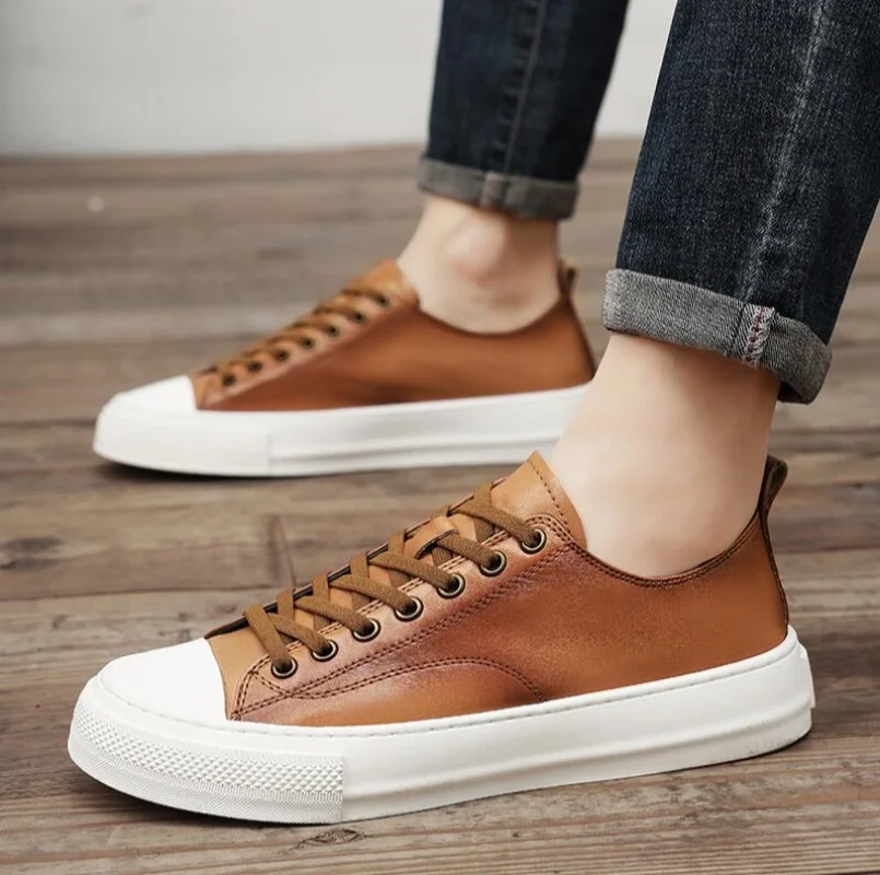 British Style Minimalist Shoes for Men Fashion Casual Genuine Leather Walking Lace-Up Soft Bottom Flat Designer Board Shoes